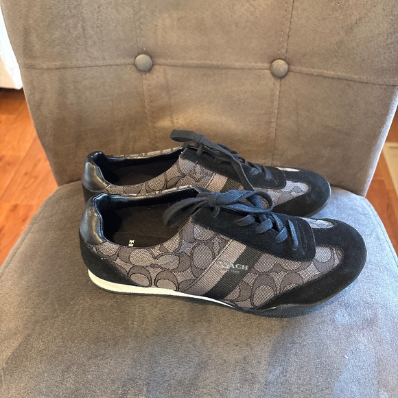 Women’s Coach Kelson Signature Logo Canvas Suede Sneakers Black Grey 7.5 - Picture 2 of 7